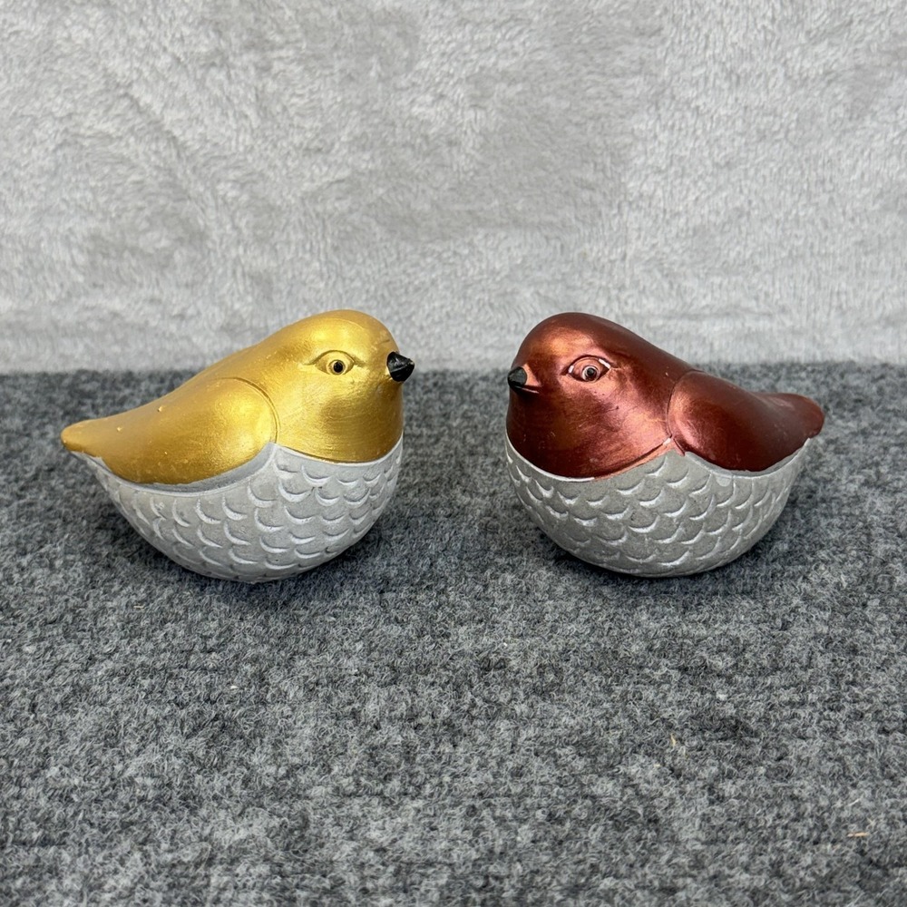 Pair Concrete Bird Figurines Metallic Gold Copper 4" MCM Contemporary Decor